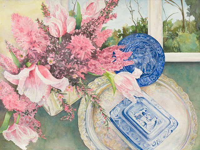 still life with blue & white& spring flowers