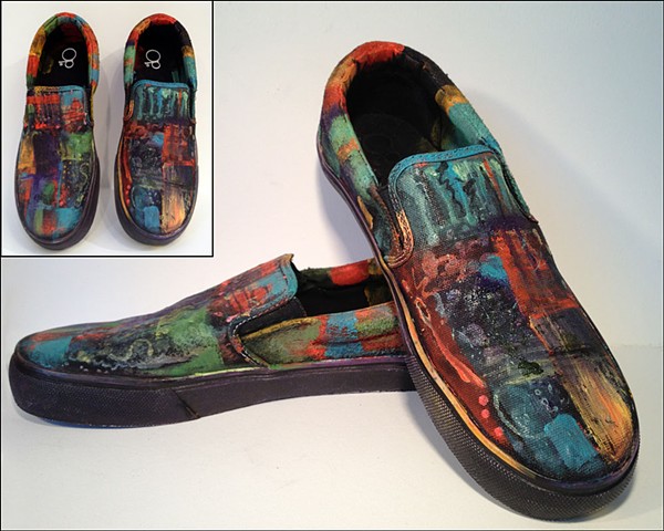 Custom painted OP slip-ons (but they could be Vans Converse!) by Eileen Murray Art, bright layered colors with an ocean aquatic overtone