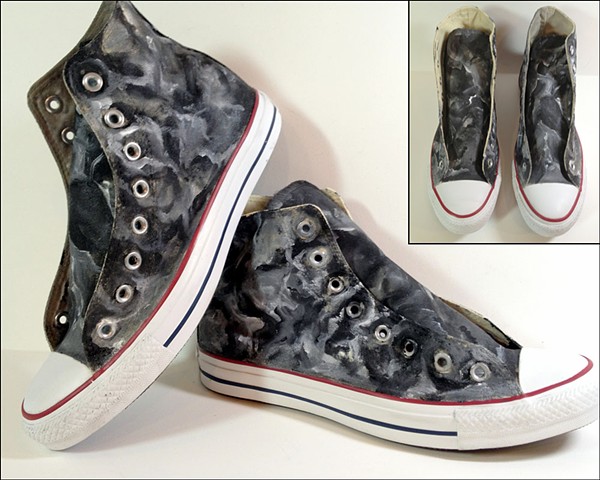 Custom painted black and white fatigue Converse high-tops by Eileen Murray