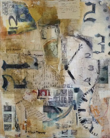 Clocks, time, layers, collage, mixed media