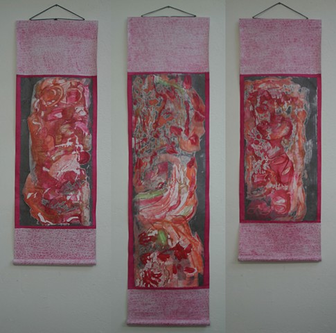 Gorgeous encaustic monotype with dramatic triptych scroll mounting 