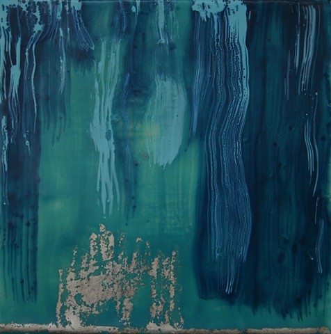 Small waterfall in shades of turquoise encaustic