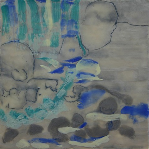 Drawing and encaustic incorporated into waterfall painting