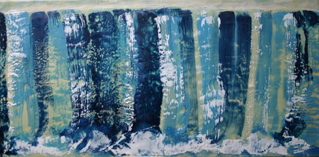 Encaustic blue waterfall with wide swirling splashes