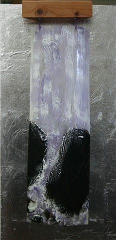Unusual encaustic treatment in this Waterfall on clear drafting film over silver leaf