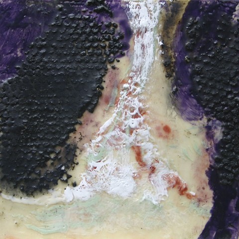 Encaustic waterfall surrounded by rocks of tar and encaustic