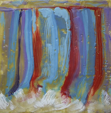 Colorful encaustic waterfall in reds and purples plummeting to white splashes