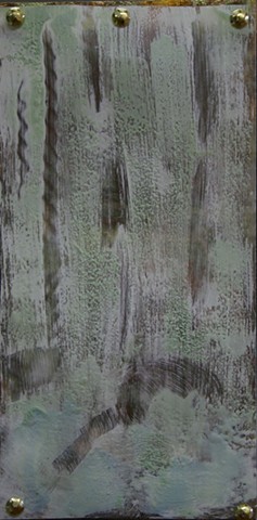 Encaustic waterfall on clear drafting film suspended over variegated leaf