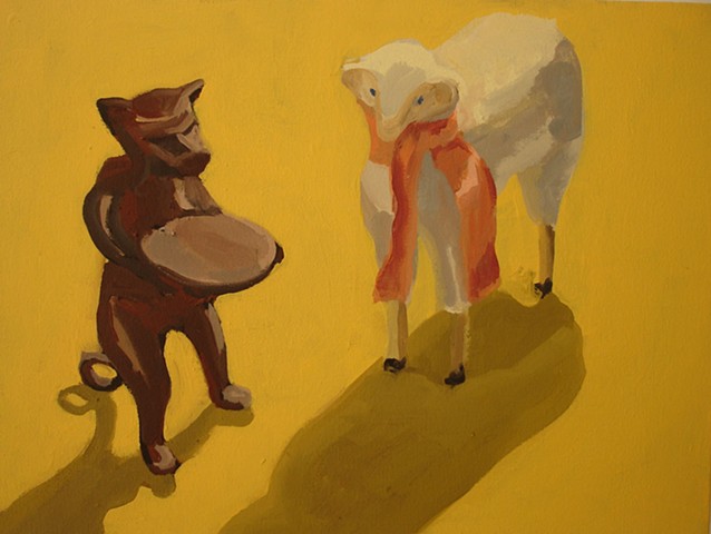Oil painting of dog and sheep figures