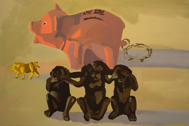 Oil Painting of pigs and monkeys celebrating absurdity