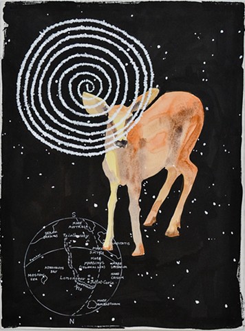Deer image in a black night sky with a lunar map and a time spiral