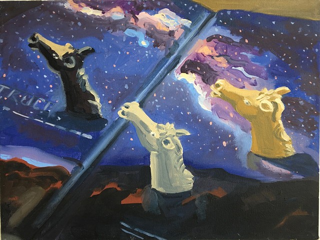 painting, 3 horse finger puppets on a night sky image