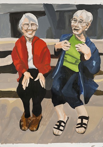 painting, two older women on a bench talking with animation