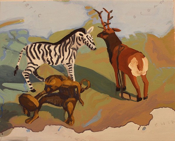 Still life, map of Russia, zebra, reindeer and monkey