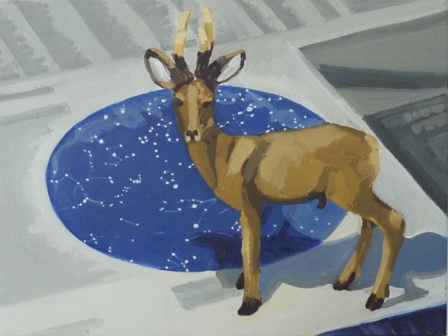 Oil painting of a toy deer on a star map.