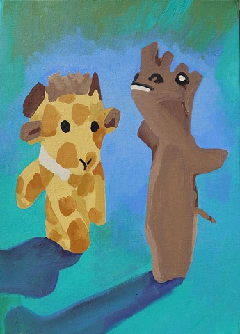 still life painting with giraffe and rhino finger puppets