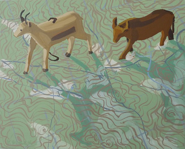 Oil painting of animal figurines on a Vermont topographical map