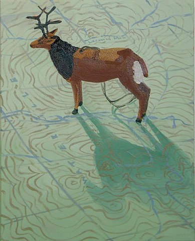 Oil painting of deer ornament on a Vermont topographical map