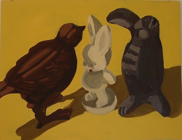 Oil painting of rabbit and birds