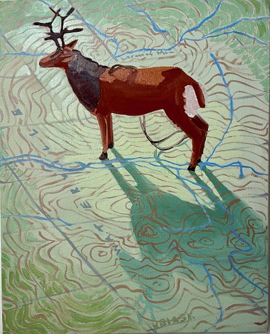 Oil painting of deer ornament on a Vermont topographical map