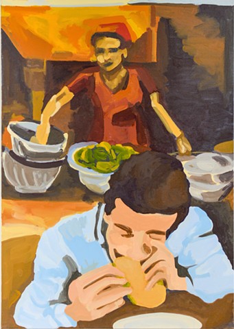 Painting of a man eating, a woman behind, cooking