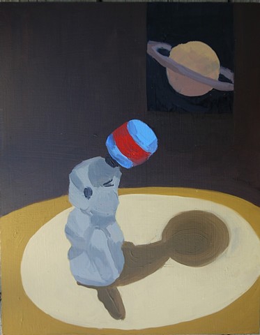 painting of a seal finger puppet balancing a ball in front of a picture of saturn