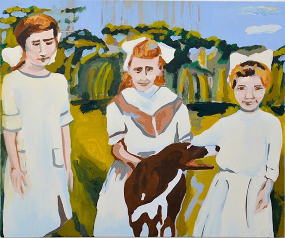 oil painting of three girls and a dog