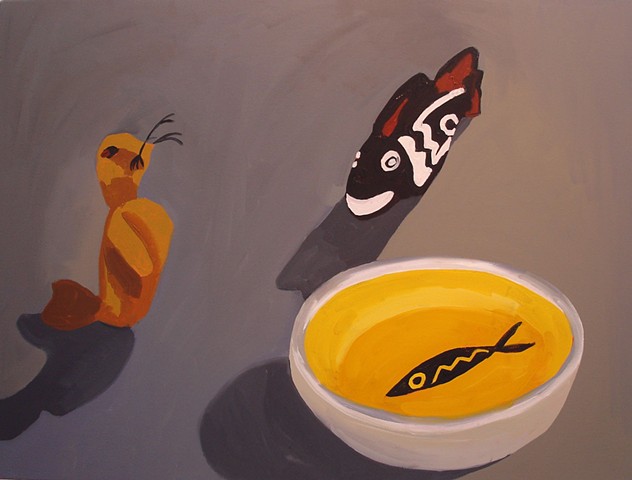 Oil Painting of seal finger puppet, fish whistle and fish bowl. 