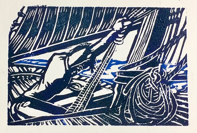 woodcut of The Lynx, tall ship of a sailor hauling a line. by John Carruthers