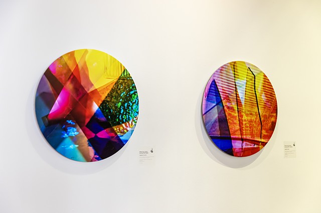 Natalie Hunter Piecing Light, Portal 03 and 04 2025 Archival pigment prints on Hahnemuhle paper from layered 120mm negatives. Mounted to aluminum composite with laminate and gravity bar. 16" round