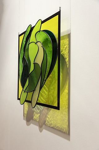 John Storey Inside Outside #2 2024 Leaded stained glass sculpture using mouth blown glass 22” x 23”