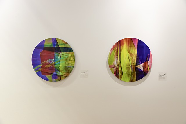 Natalie Hunter Piecing Light, Portal 02 and 07 2025 Archival pigment prints on Hahnemuhle paper from layered 120mm negatives. Mounted to aluminum composite with laminate and gravity bar. 16" round