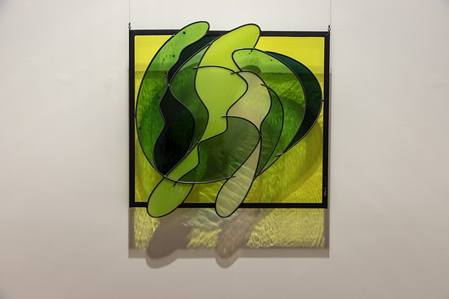 John Storey Inside Outside #2 2024 Leaded stained glass sculpture using mouth blown glass 22” x 23”