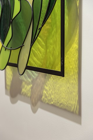 John Storey Inside Outside #2 2024 Leaded stained glass sculpture using mouth blown glass 22” x 23”