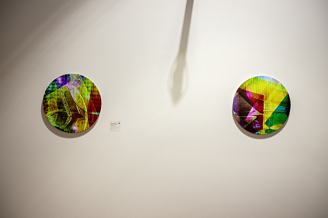 Natalie Hunter Piecing Light, Portal 08 and 01 2025 Archival pigment prints on Hahnemuhle paper from layered 120mm negatives. Mounted to aluminum composite with laminate and gravity bar. 16" round