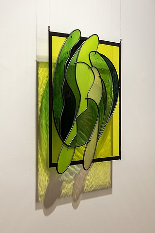 John Storey Inside Outside #2 2024 Leaded stained glass sculpture using mouth blown glass 22” x 23”