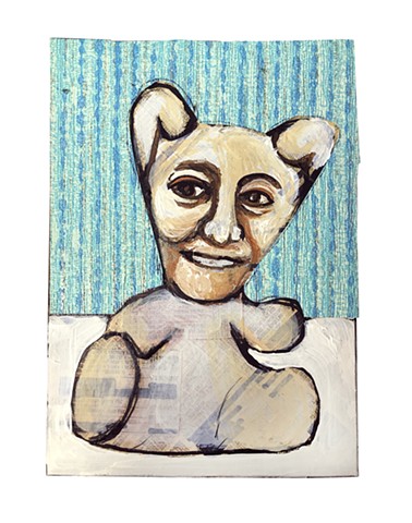 Playful collage utilising acrylic paint, wall paper, and ink to portray a whimsical toy human chimera. Made by JL Maxcy.
