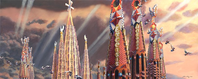 Sagrada Familia acrylic architectural painting by John Z. Wang jwthearchistudio.com