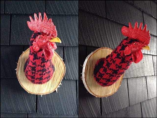 sweater faux taxidermy chicken rooster cock crowing 80's houndstooth red