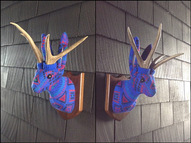Sweater faux taxidermy jackalope 80's cosby antlers blue geometric
