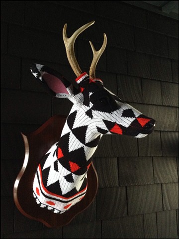 Sweater faux deer stag antler taxidermy 80's black white modern red polka dots