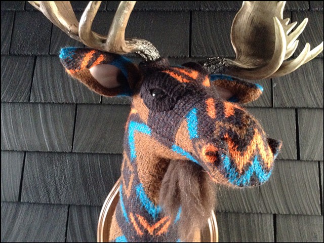 sweater faux taxidermy moose minature 80's mod geometric brown mountain man