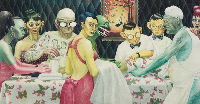 satirical colored pencil drawing of a surgery