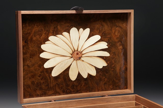 Marquetry Walnut Jewelry Box (underneath lid view)
Handmade Wooden Hinges, 
Violin Tail Piece Handle and End Pin Drawer Pulls
