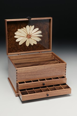 Marquetry Walnut Jewelry Box 
(inside front view)
Handmade Wooden Hinges, 
Violin Tail Piece Handle and End Pin Drawer Pulls
