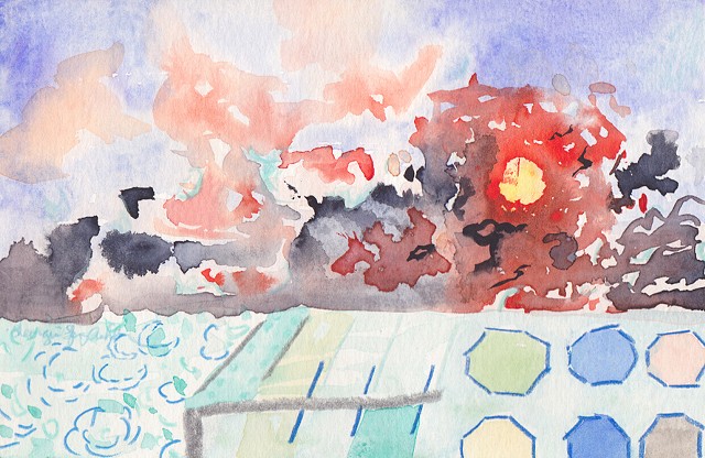 angry blazing sunset with black birds and sun as a clock with boardwalk and tiles over a bay below, watercolor by Georgia Spivey Ashbaugh