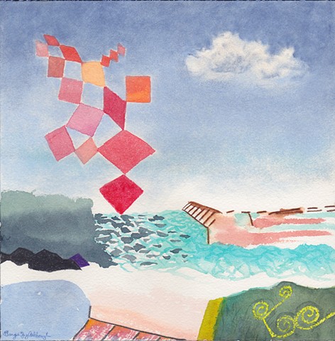 watercolor of a visionary landscape with harbor, pool, levy, pier, sofa, ocean, sky with clouds and spiritual lightening sculpture coming from God by Georgia Spivey Ashbaugh