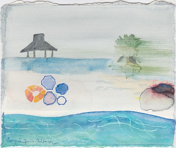 Jellyfish, pier piece with hut, blowing palm trees ocean tide pools, tile paths, with life preserver by Georgia Spivey Ashbaugh