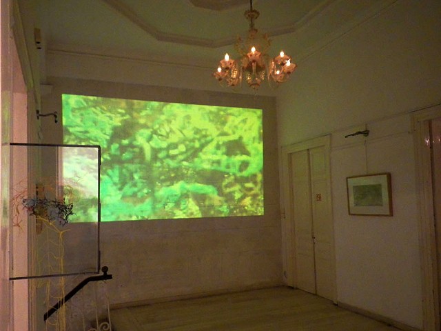 projection of the video "seas... with two more pieces: "nets" on the left, (mixed media) 2016, and "untitled" on the right, (etching) 2009