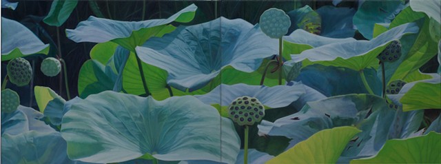 Lotus Seed Pods, 2012, Oil on 2 canvases, 18" x 48"